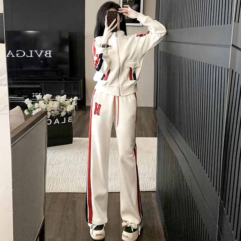 OL 2024 autumn Winter Tracksuit Women Hooded zipper jacket Sweatshirt + sport striped wide leg Pant Suit Casual Two Piece Set