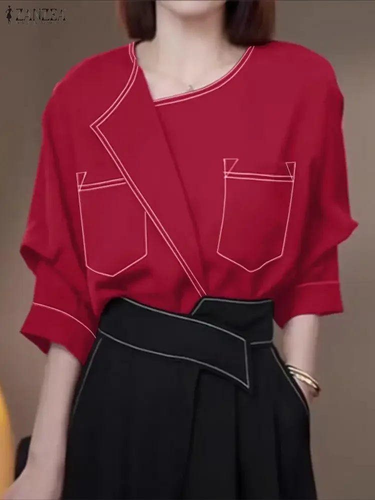 

ZANZEA, женская блузка, тренд 2026, летняя офисная рубашка, повседневные топы с круглым вырезом и половиной рукава, женские рабочие блузки, туника, нерегулярные блузки