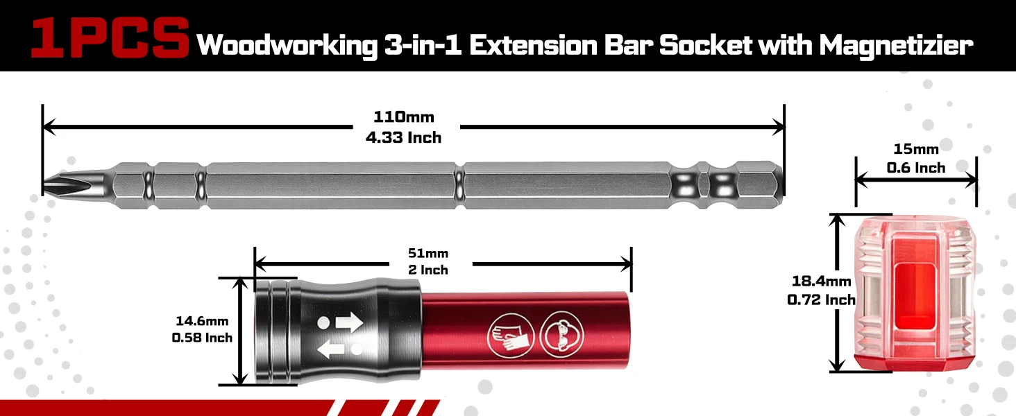 Geinxurn 1 Stück Holzbearbeitungs-3-in-1-Verlängerungsstange mit Magnetisierer, 1/4 Zoll Sechskant, Schnellwechsel-Bit-Halter – Detail 2