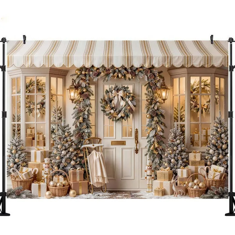 LS Christmas Gifts Shop Backdrop Photography Gingerbread Candy Cane Bakehouse Store Front Background Winter Family Photo view 5