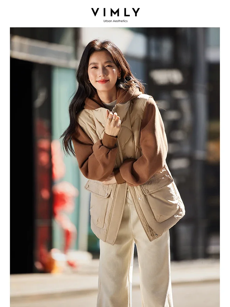 VIMLY 2In1 Patchworkง่ายลงเสื้อฤดูหนาวOffice Lady Outerwears Casual Hooded Single Breasted Zip Long Down Coat 50638