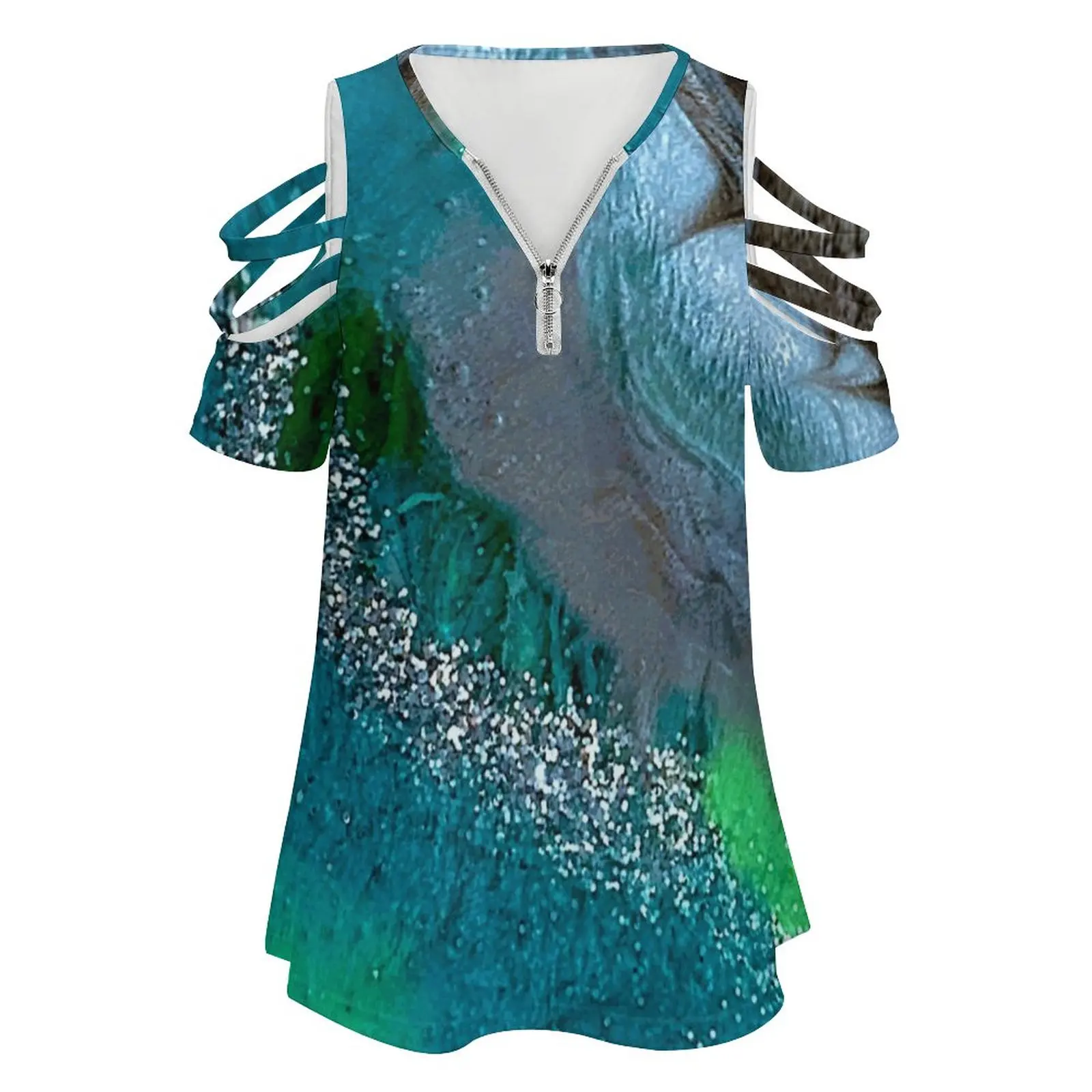 Earthly Women'S T-Shirt New Fashion Printed Zipper V-Neck Short Sleeve T Shirts Casual Plus Size Geode Teal Lime Blue Silver