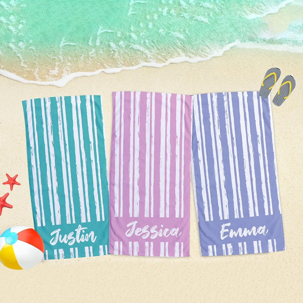 Personalized Colorful Beach Towel Name Font Bath Towel Stripe Swimming Pool Name Towel Bath Towel Summer Vibes Summer Favors