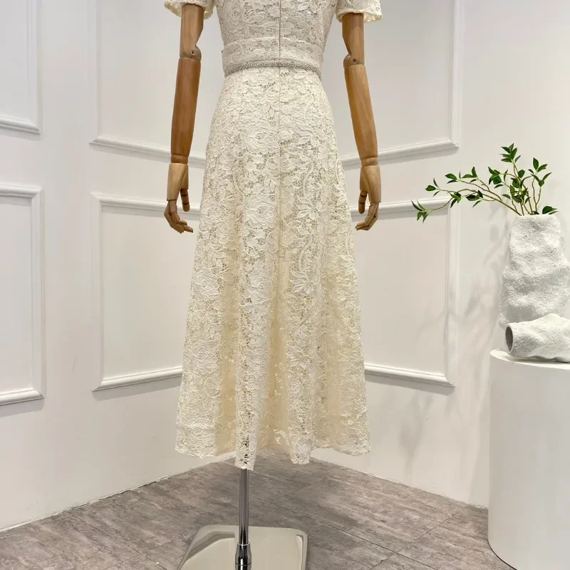 2023 New Fashion Vintage Butterfly White Hollow Out Lace Short Sleeve Midi Dress for Women