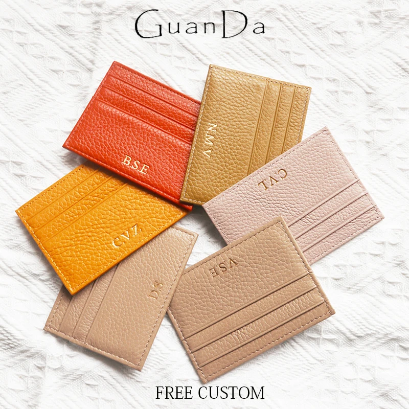 Custom Company Logo Cowhide Card Holder Woman Man Fashion Slim Mini Card Bag Genuine Leather Engrave Name Luxury Casual Purse