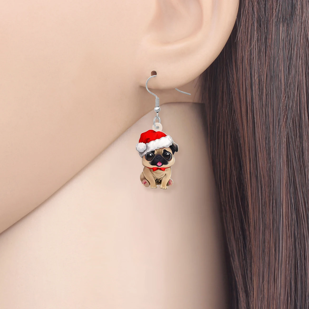 BONSNY Acrylic Christmas Cute Hat Pug Doggy Drop Dangle Earrings For Women Girls Kid Dog Lovers Charm Pets Gifts