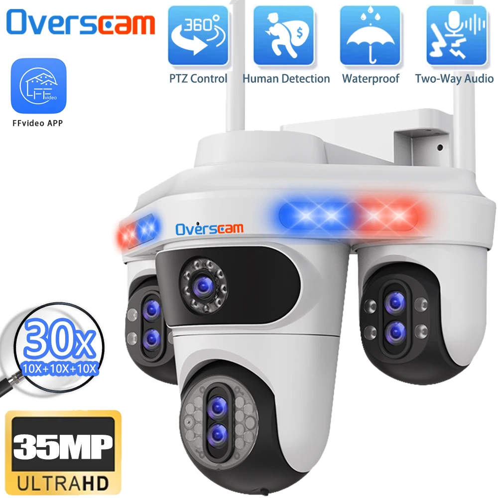 Overscam 35MP 30X Zoom White WiFi Camera 4Screens 7Lens Outdoor Wireless PTZ Security Cam Auto Tracking CCTV Surveillance Camera