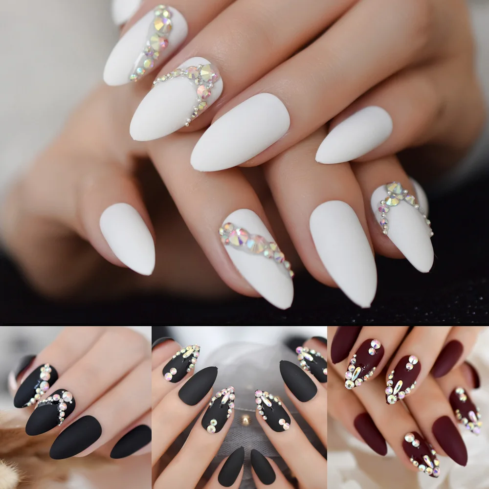 3d bling gemas glitter stiletto fosco unhas falsas amêndoa dicas de arte do prego ab strass fosco unhas falsas imprensa em uso diário