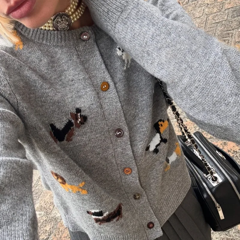

Tuularose Fashion Print Cardigan Women Grey Casual Cardigan Sweaters Vintage Commuter Streetwear Autumn Winter Female Cardigan