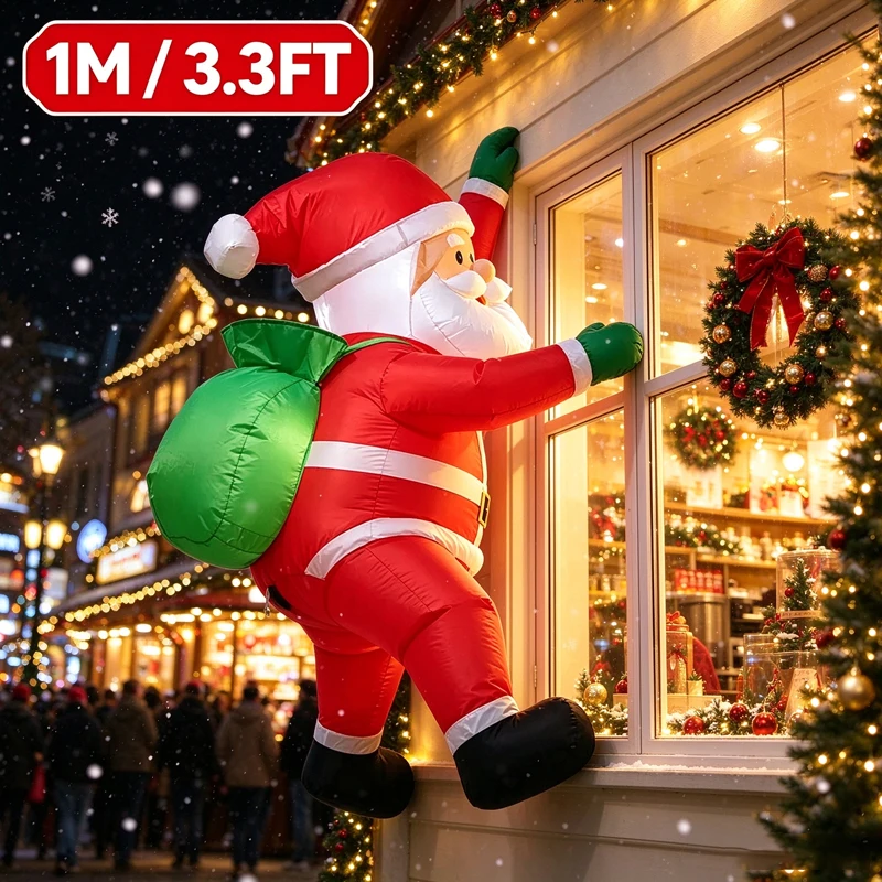 3.3FT Christmas Inflatable Climbing Window Santa Claus, Blow Up Santa with Green Gift Bag, Outdoor House Yard Lawn Xmas Holiday