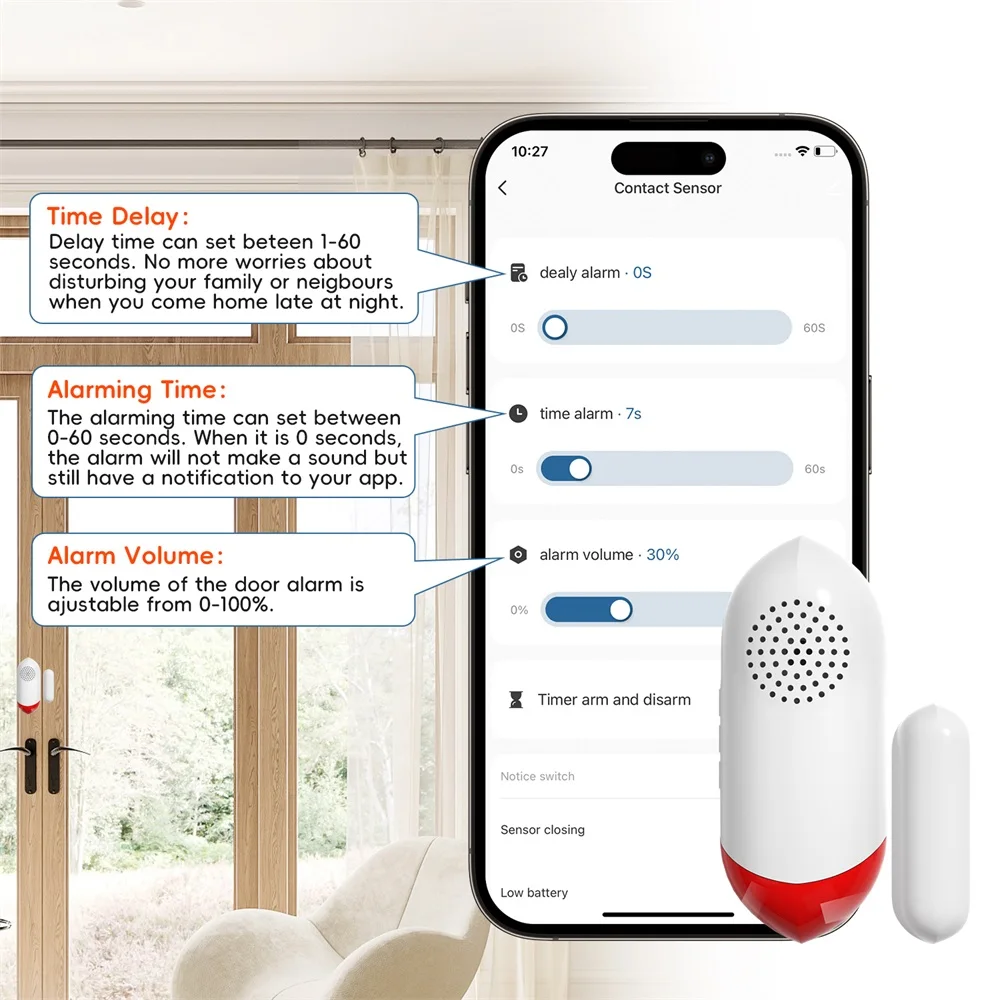 TUYA WIFI المنزل الذكي 100 ديسيبل إنذار الباب والنافذة الاستشعار إنذار المغناطيسي إنذار الأمن صفارة الإنذار فلاش مصباح