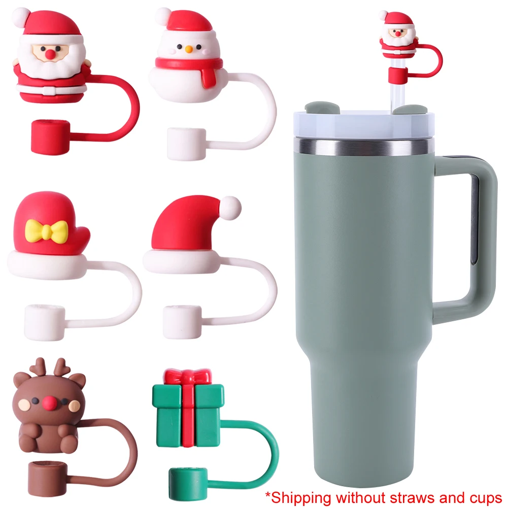 1/6pcs PVC Christmas Straw Cover 10mm Cute Christmas Straw Cap Topper Xmas Cartoon Straw Tips for 30/40oz Tumbler Accessories