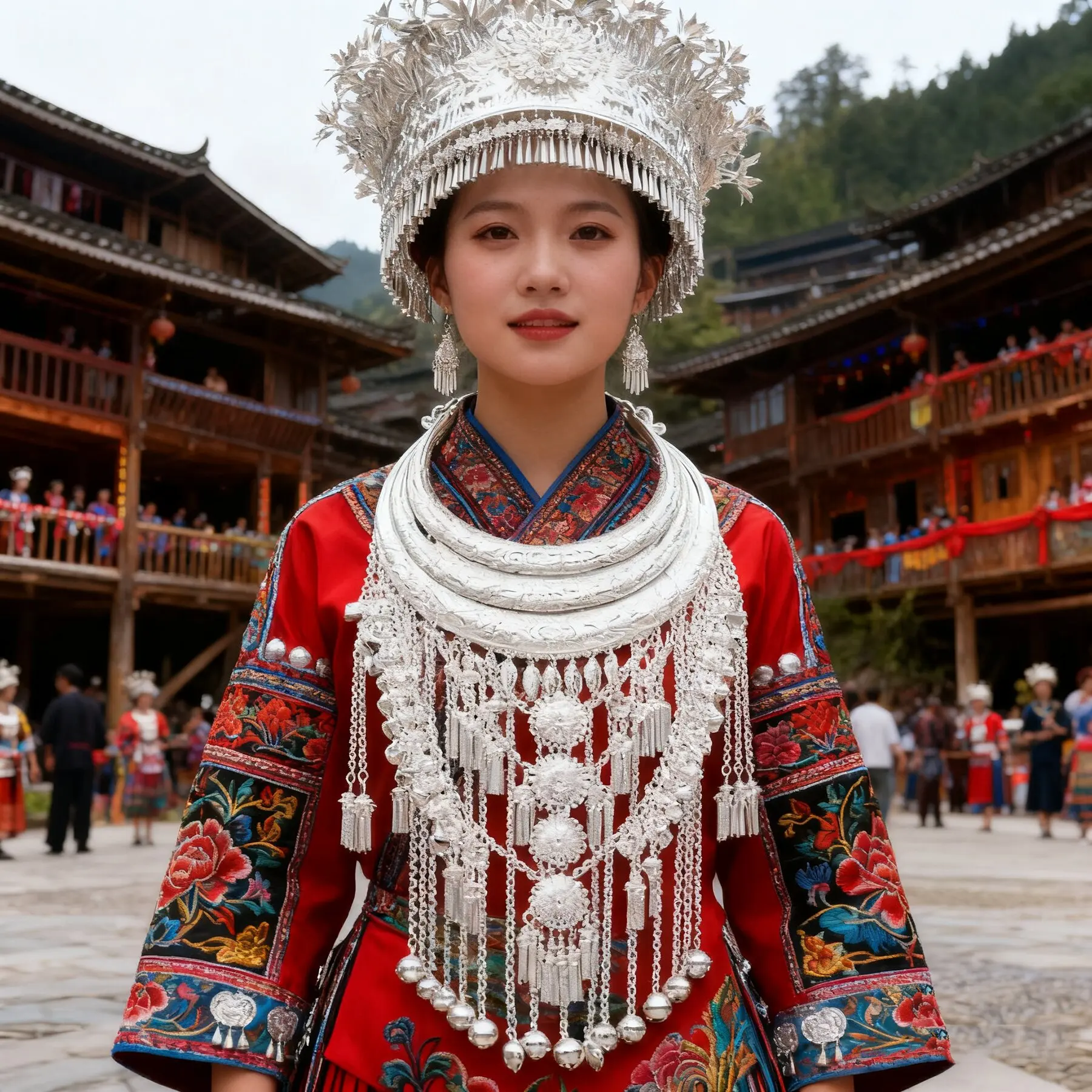 Silver Plated Long Chains Hollow Flower Leaf Moon Choker Necklace for Women Traditional Miao Ethnic Bride Wedding Dance Jewelry