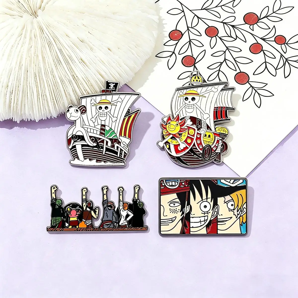 4Pcs One Piece Anime Enamel Pins Set, Going Merry Thousand Sunny Ship Metal Lapel Brooch, Cosplay Jewelry Decor Gift