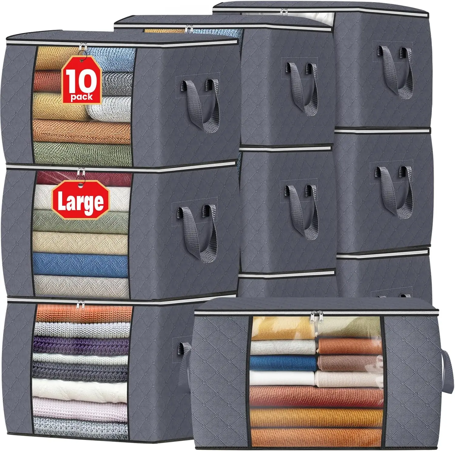 

Foldable 24 Gallon Storage Bags, Thick Fabric Clothes Organizer with Handle & Window, 10 Pack Grey for Bedroom Closet