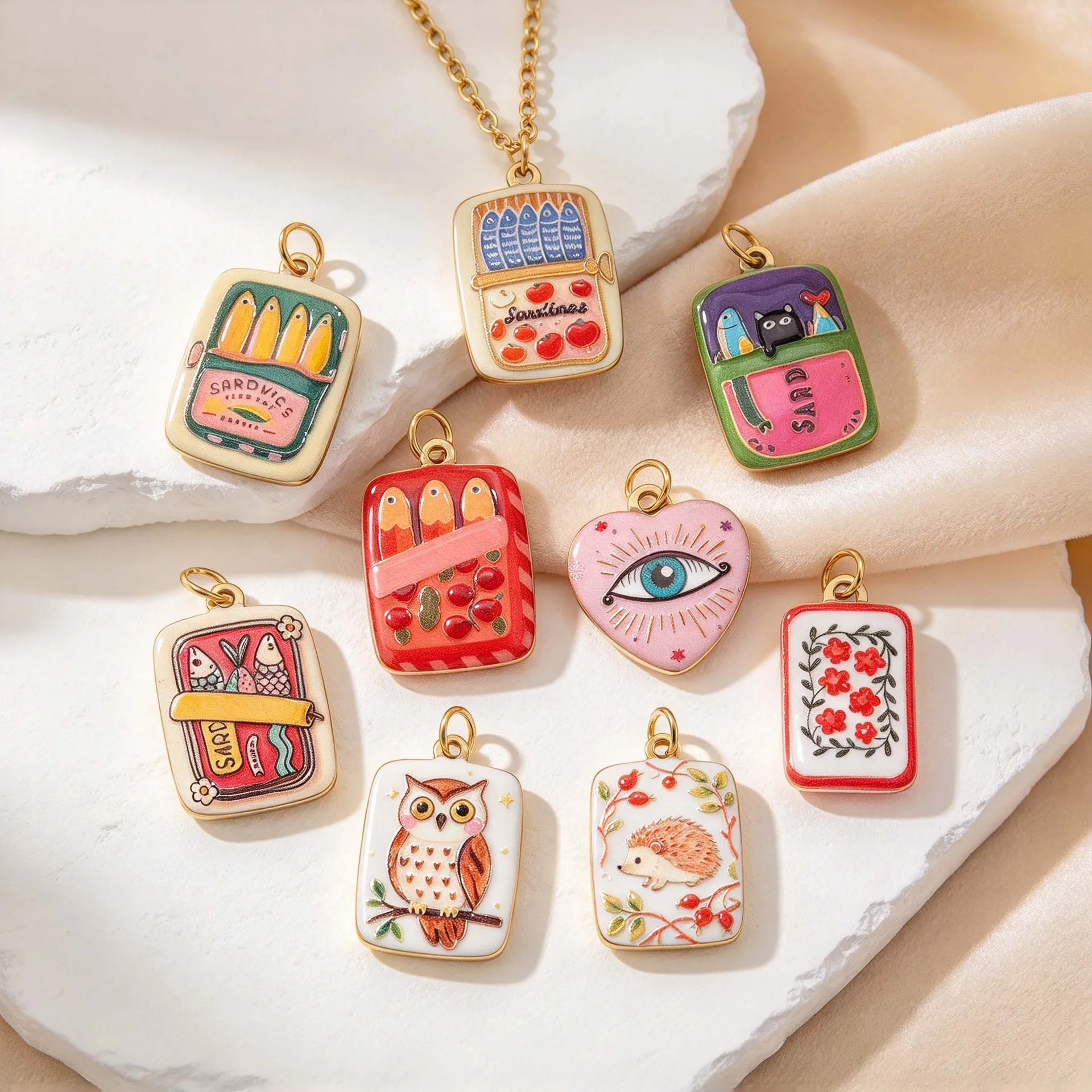 Cartoon Printed Pendant Vintage Illustration Square Plate Pendant DIY Necklace Accessory Component
