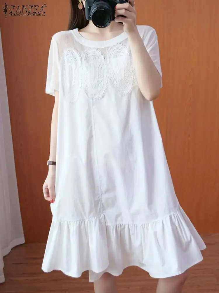 

ZANZEA Elegant Loose Sundress Summer Lace Patchwork Holiday Short Sleeve Dress Casual Women Asymmetrical Ruffled Hem Short Robe