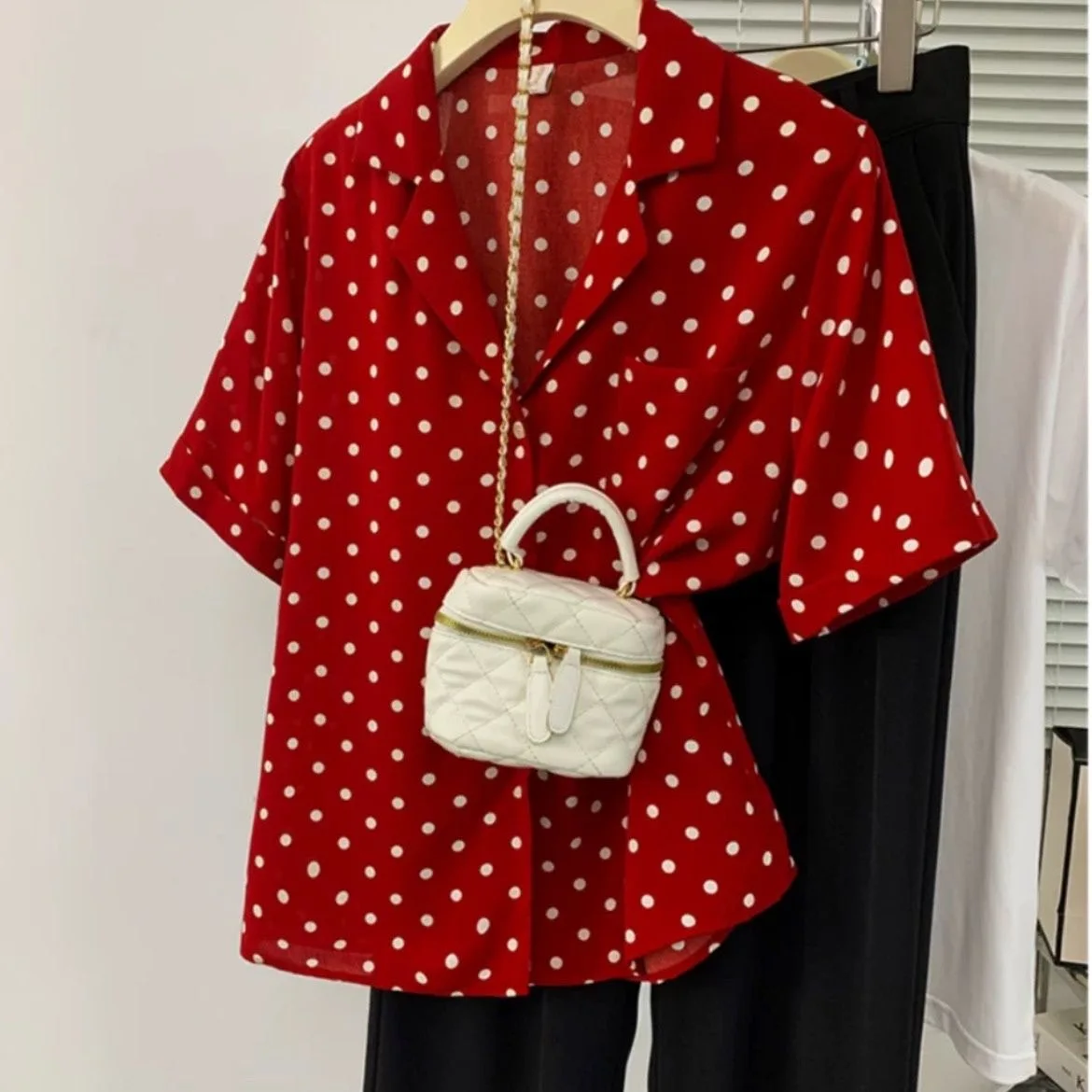 Vintage Polka Dot Print Red Shirts Women Summer Short Sleeve Button-Up Chiffon Blouses Retro Elegant Top