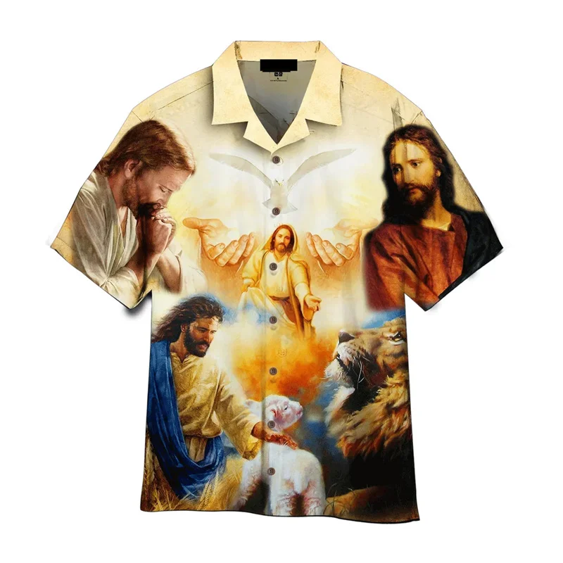 Mens Vintage Jesus Graphic Hawaiian Shirts Fashion 3D Printed Christianity Shirts Tops Summer Short Sleeves Button Blouse Shirt