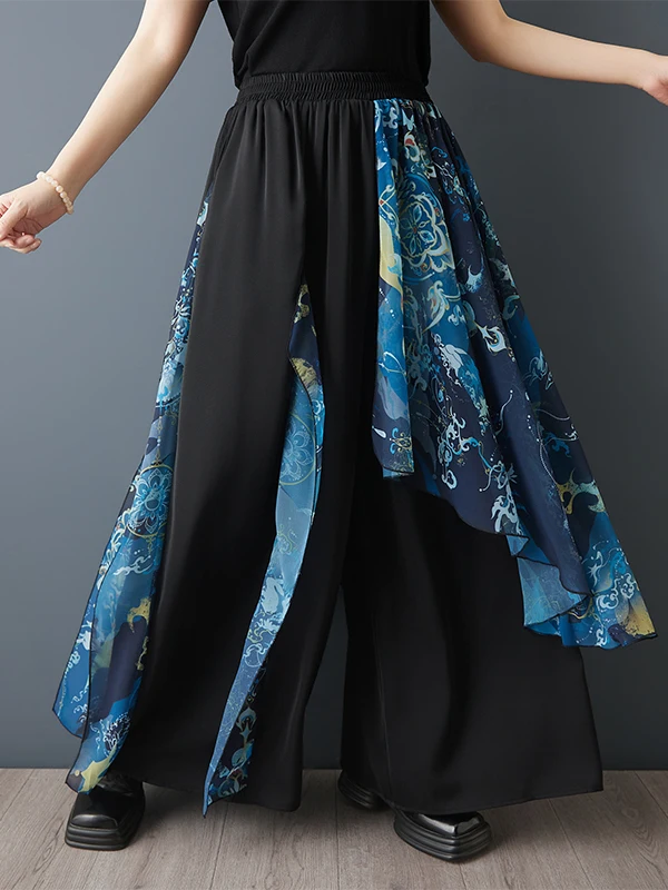 New 2026 Summer Wide Leg Pants Loose Fit Printed Patchwork Fashionable Casual Skirt Pants High Waist Polyester Fabric Ladies