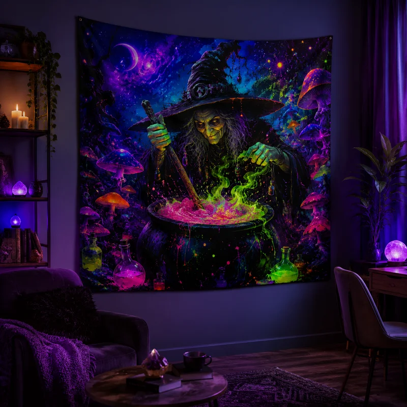 VIKAMA Neon-Style Psychedelic Tapestry, Dark-Faced Witch Wall Hanging Fabric, Gothic-Style Home Decor
