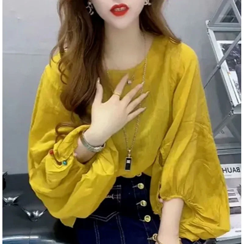 Fashion O-Neck Loose Folds Lantern Sleeve Blouse Female Clothing 2023 Autumn New Casual Pullovers Tops Solid Color Korean Shirt