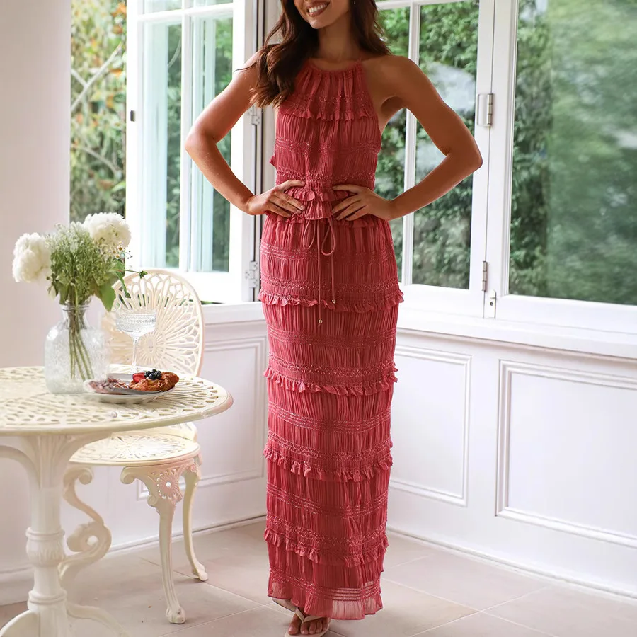 

Women Summer Outfit Shirred Tie-up Halter Neck Sleeveless Open Black Tank Tops Drawstring Long Skirt 2 Pcs Set