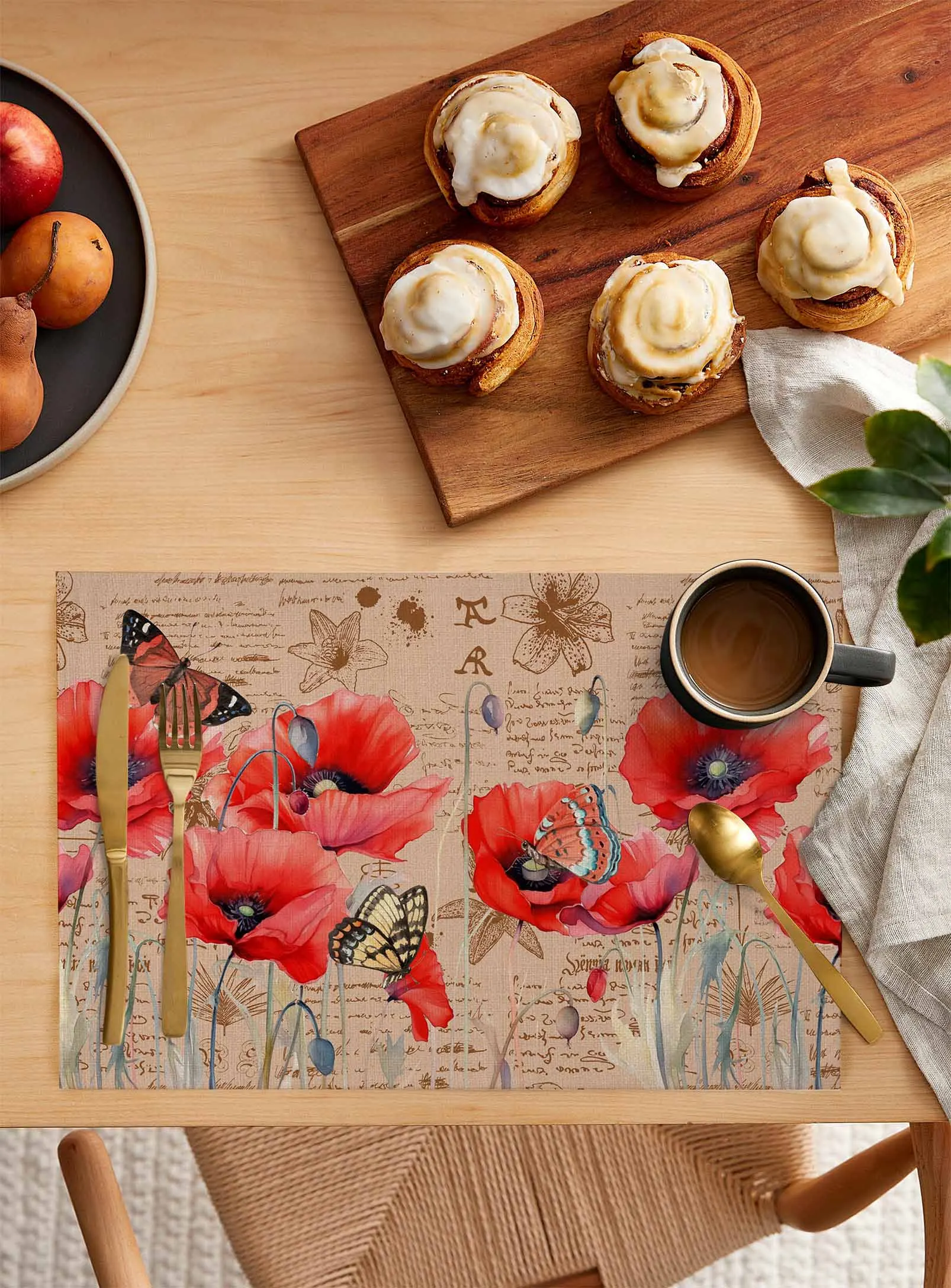 Poppy Flower Retro Butterfly Placemat Wedding Party Dining Decor Linen Table Mat Kitchen Accessories Table Napkin