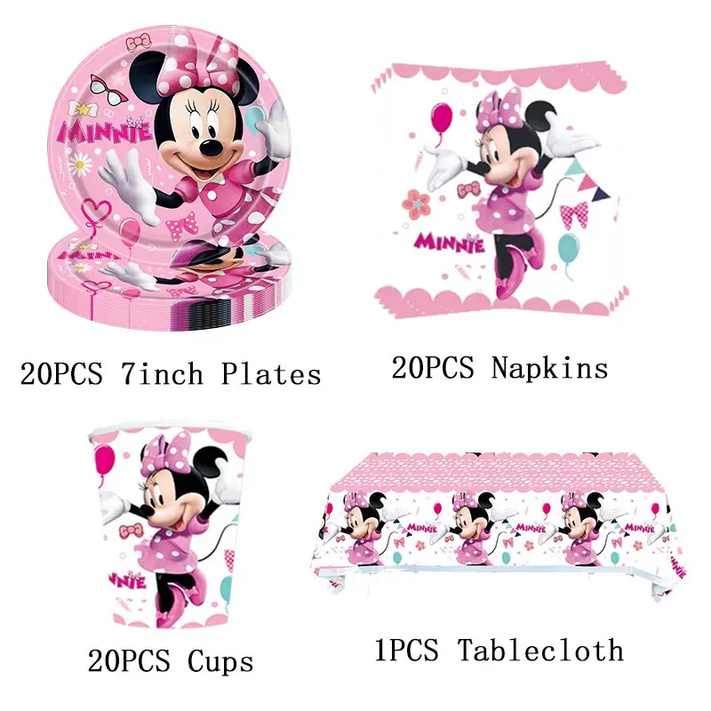 Disney Minnie Mouse Birthday Party Decoration Disposable Tableware Cup Plate Straws Minnie Balloons Supplies Baby Shower Girls