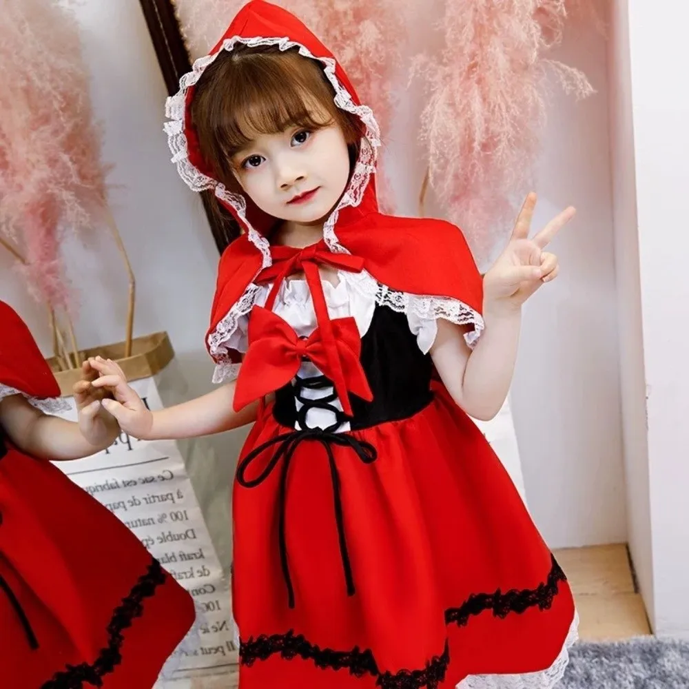 

New With Cloak Halloween Costume Full Sets Dress with Cape Costume Lace Flower Red Riding Hood Halloween Party
