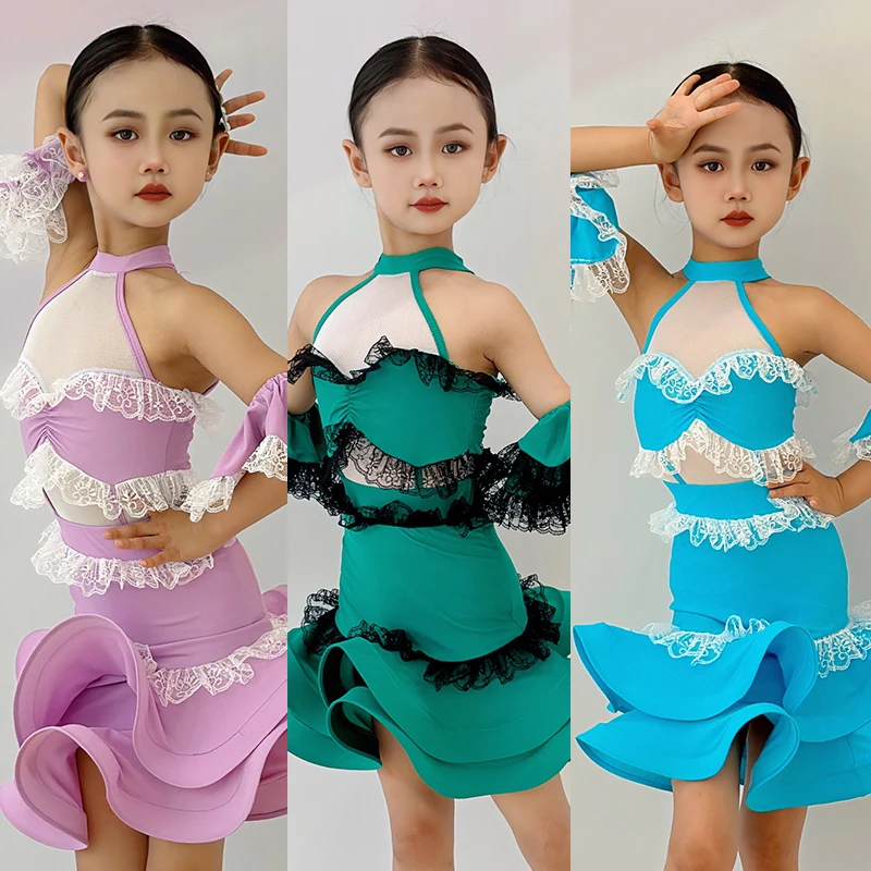 

3 Colors Kids Party Dancing Dresses For Girls Chacha Latin Dance Competition Costume Children Stage Performance Clothing SL13114