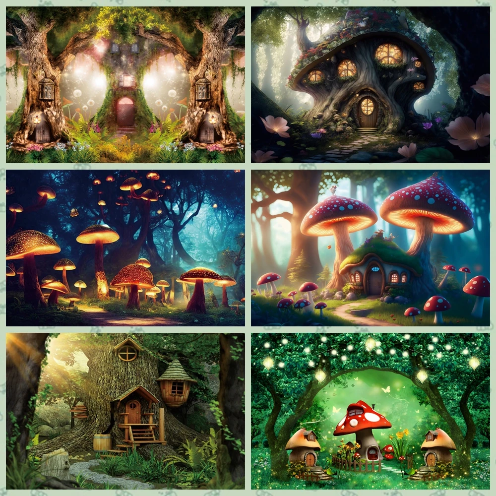 

Laeacco Enchanted Forest Jungle Backdrop for Photography Magic Mushroom Flower Wonderland Birthday Portrait Photo Background