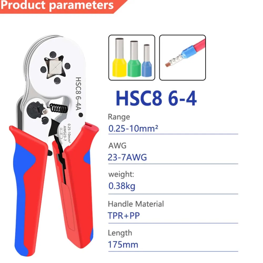 Crimping Pliers Ferrule Sleeves Tubular Terminal Tools HSC8 6-4 0.25-10mm2 Professional Electrician Adjustable Ratche Square