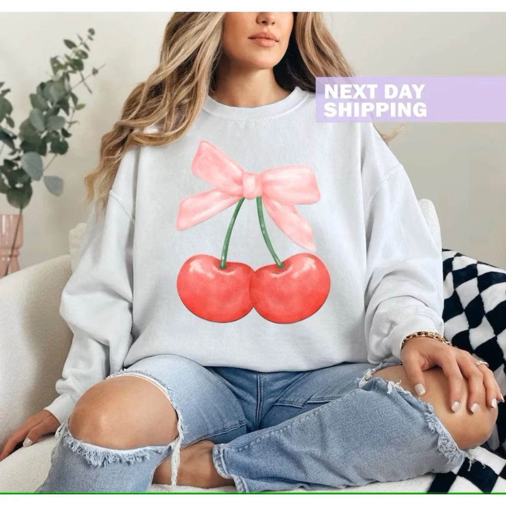 Coquette Cherry and Bow Sweatshirt Ribbon Crewneck Cute Aesthetic Mom Shirt Trashy Y2K Cottage Core Kawaii Clothes Harajuku