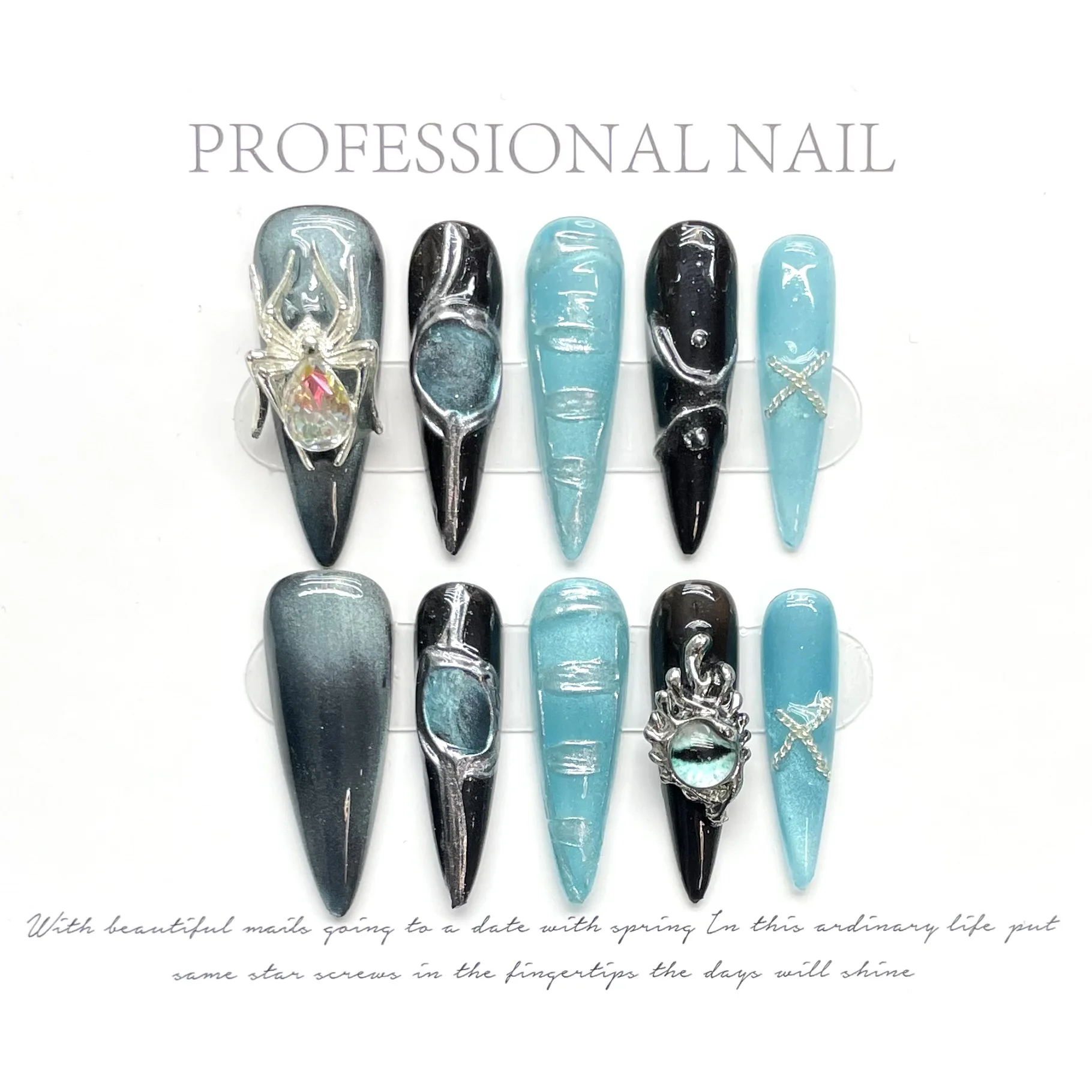 Handmade Press on Nails 3D Spider Crystal Design False Nails Shiny Blue Cat Eye Heavy Metal European Fake Nail Patches 10pcs