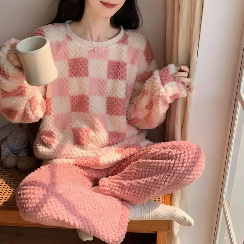 Women's warm long sleeved long pants pajama set girls autumn winter new style cardigan Chinese style home clothes two-piece set