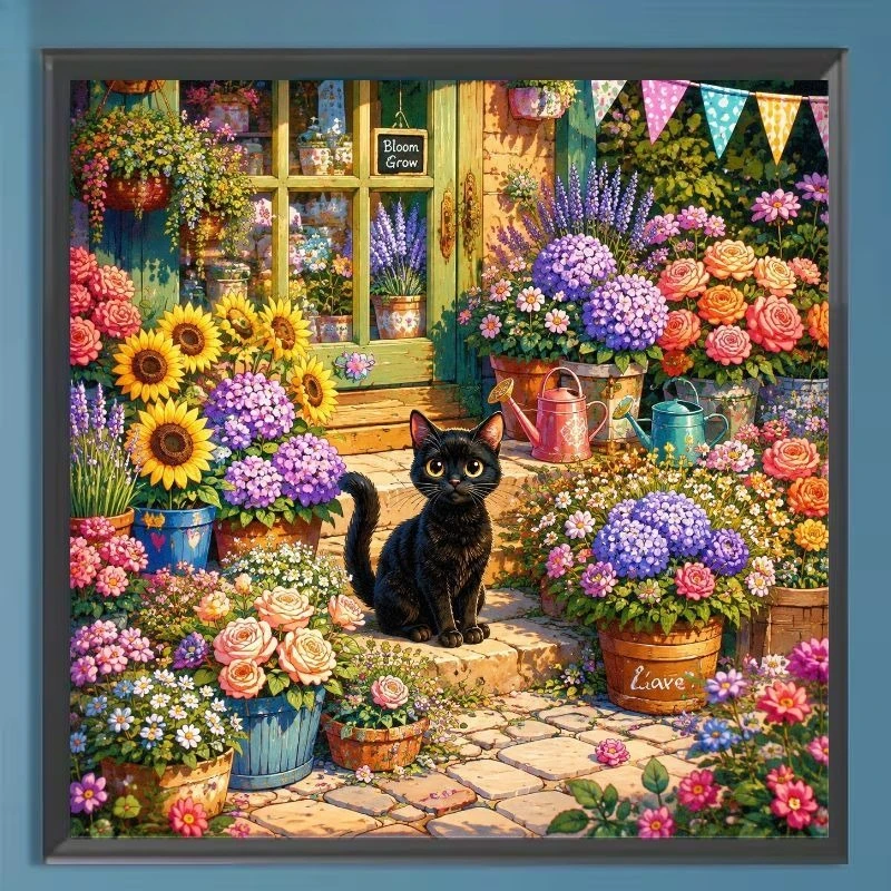 Black Cat And Flowery Courtyard Pattern Diamond Painting Diamond Painting Mosaic Artwork Creative Handmade Home Decor Gift