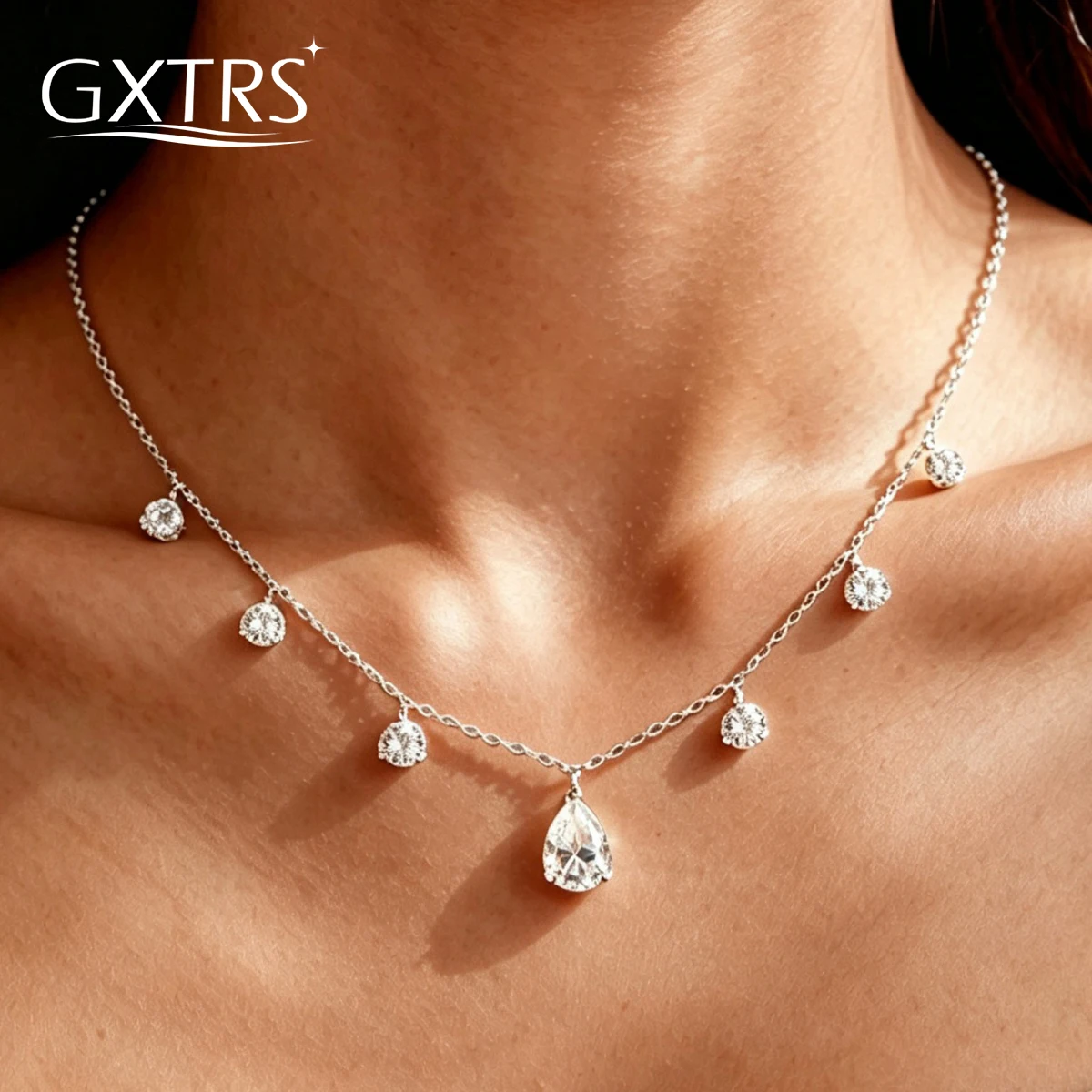 GXTRS 2/3CT Waterdrop Moissanite Necklaces For Women 925 Sterling Silver 7 Stone Wedding Neck Chain 18K Plated Fine Jewelry Gift
