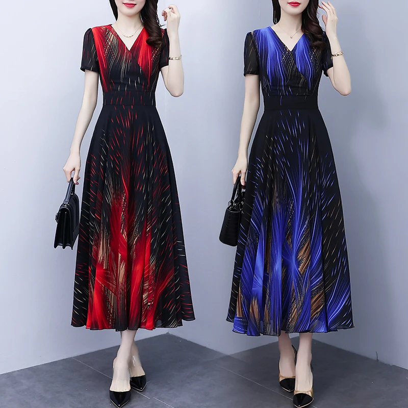 Women Long Dresses Summer Female V Neck Short Sleeve Large Size Elegant A Line Polyester Printed Blue Red Full Hemline Vestidos