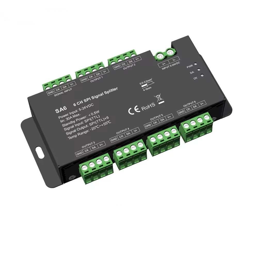 NEW SA6 6 Way SPI Signal Splitter 6CH TLL Amplifier Repeater For WS2811 WS2812 2813 2815 RGB RGBW Addressable LED Strip 5-24VDC