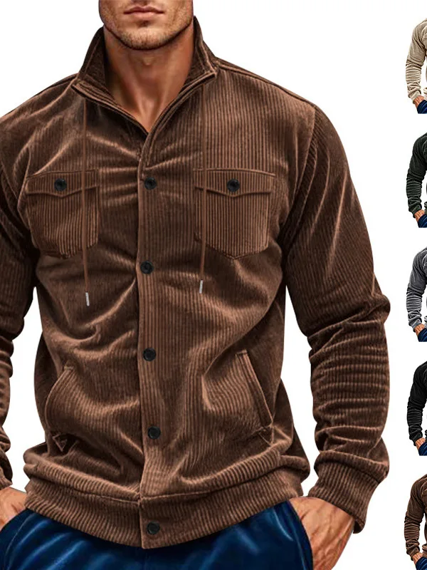 

Slim Fit Corduroy Jaet for Men with Stand Collar And Multiple kets Commuter Sle Long Sve Button Closure Outerwear