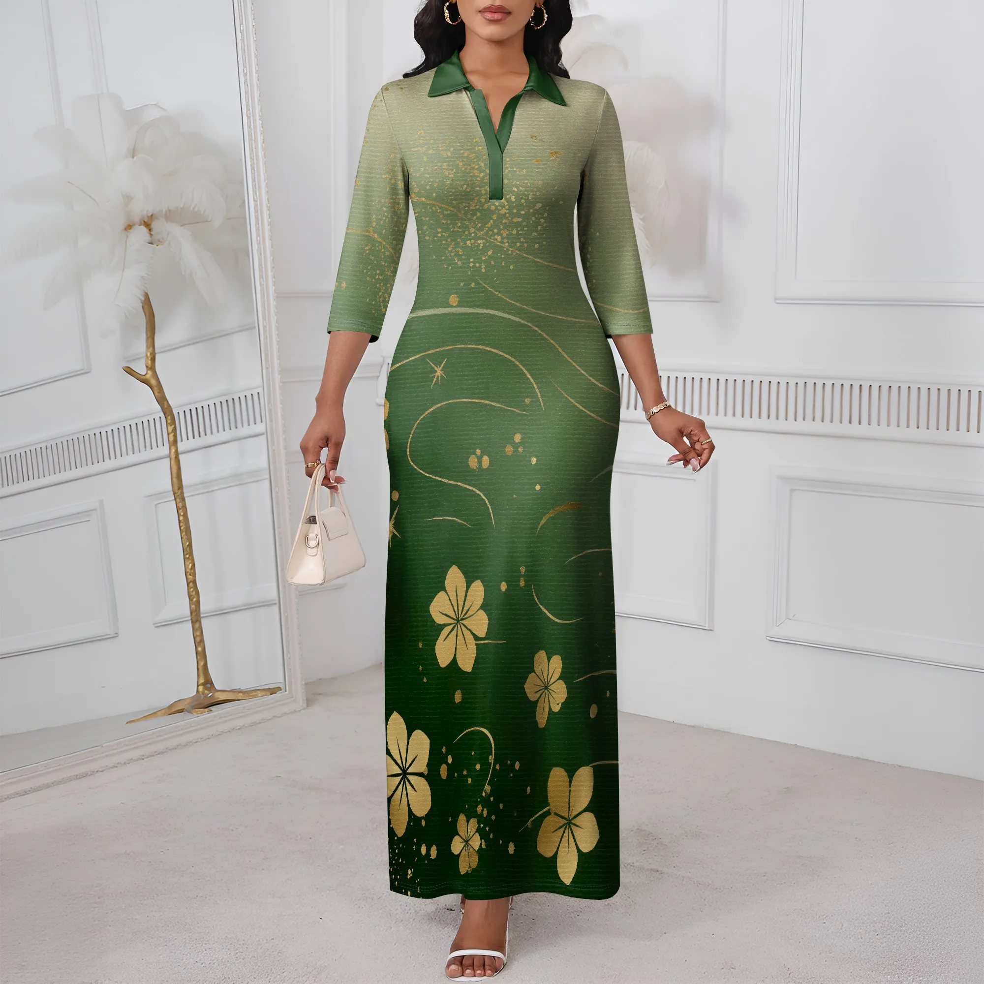 

Nupusa Green Gradient Gold Floral Print Dress for Women Regular Size Casual Shirt Collar 3/4 Sleeve Maxi Dress