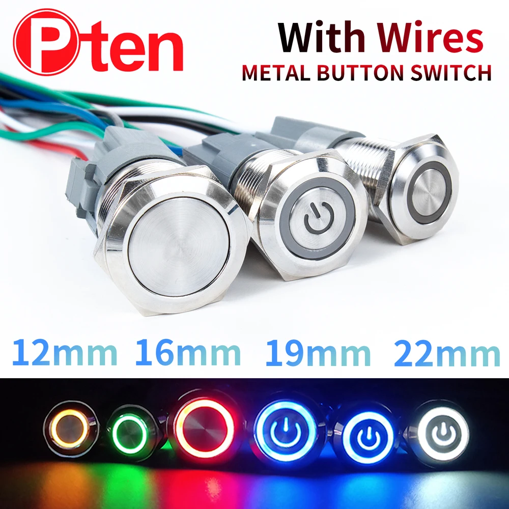 

16 19 22mm With Wire Waterproof Metal Push Button Switch LED Ring/Power Light Momentary Latching 5/12/24/220V silver1NO1NC