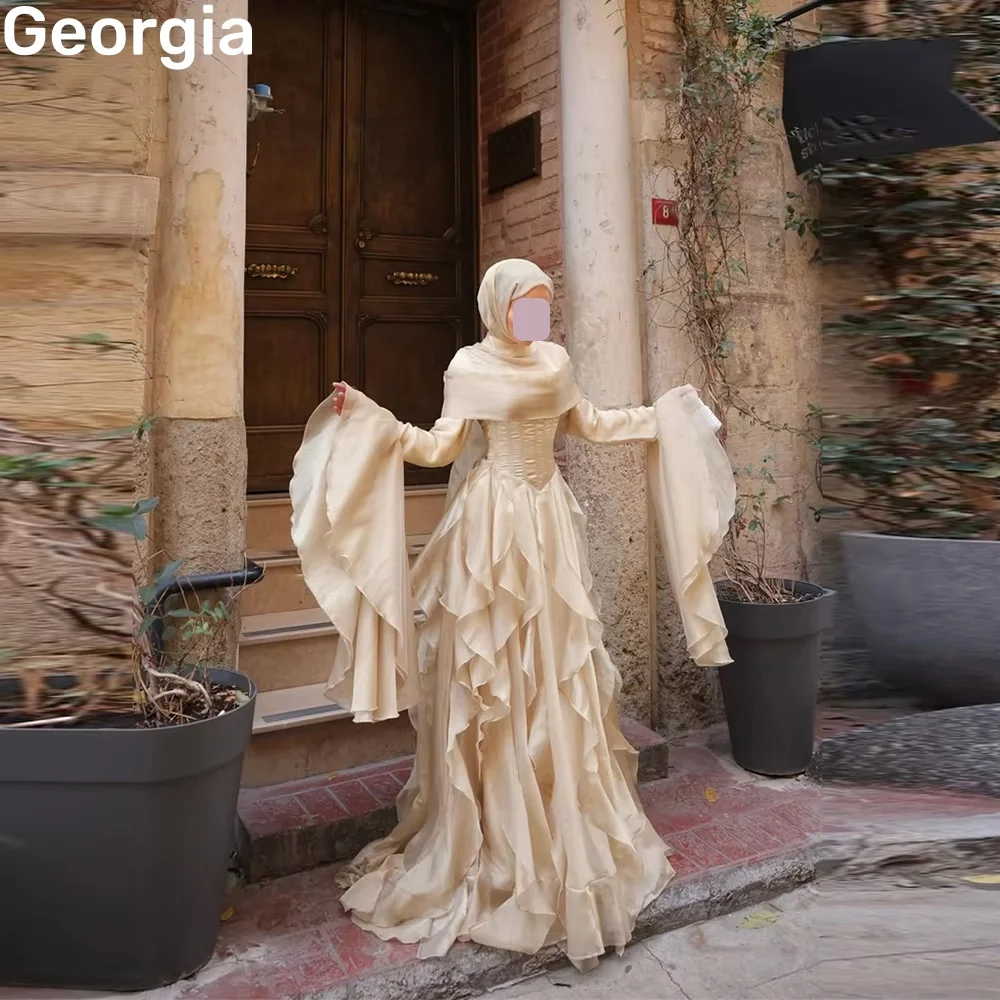 

فساتين سهرات Customize Column Scoop Neckline Floor-Length Formal Occasion Dresses Ruffle Zipper Up Long Sleeves Birthday Dresses