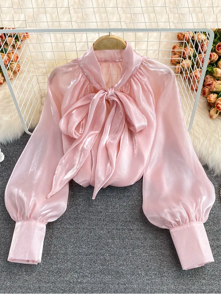 Spring Autumn Women\'s New Tops Bowknot Lantern Sleeves Loose All-match Temperament Ladies Shirt UK113 Women  Blouses UK113