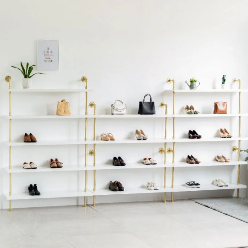 custom，Shopping Mall Showroom Design Modern Gold White Bag Shoes Display Rack Stand Wall Mounted Multilayer Shelf