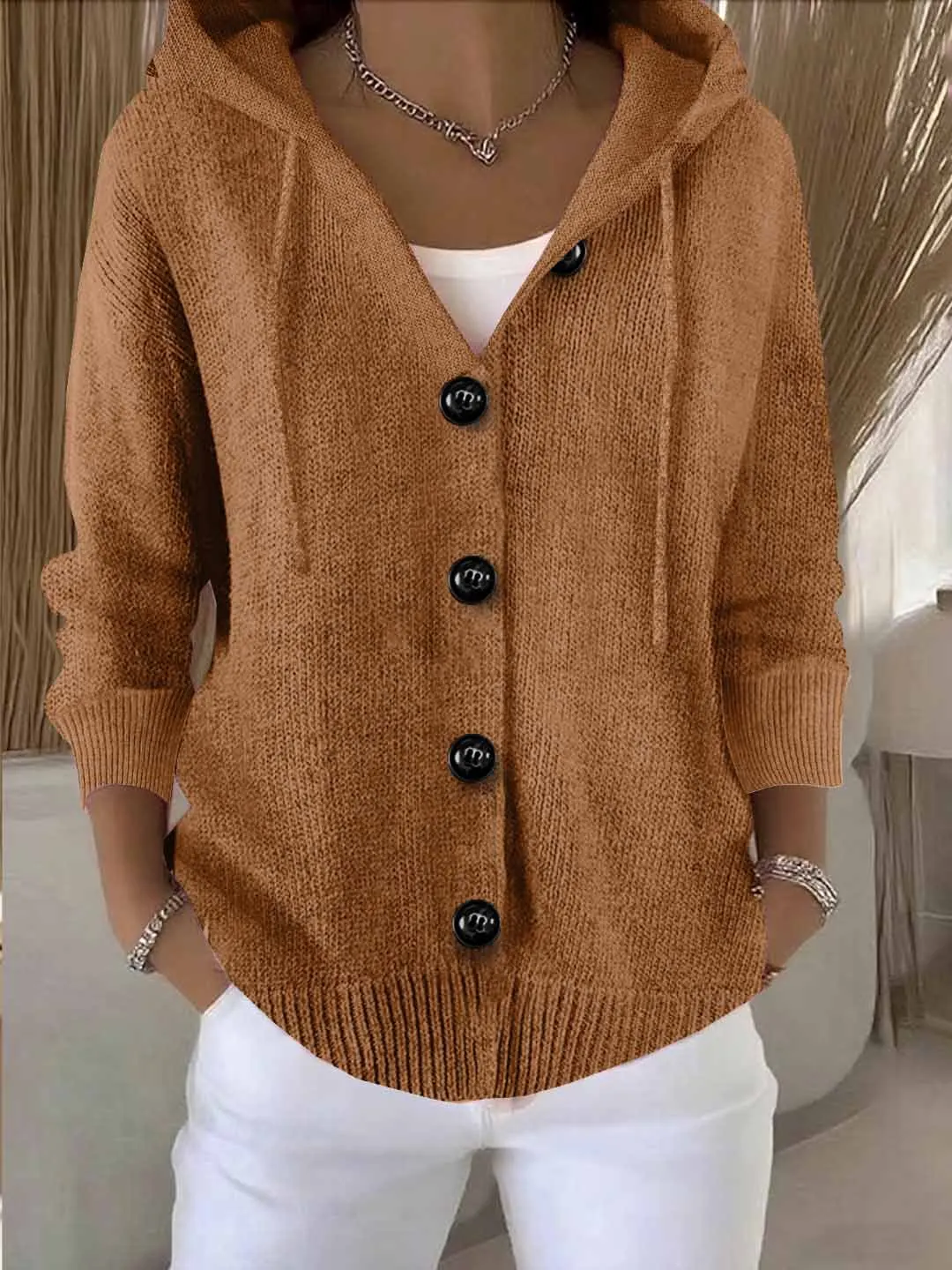 

Casual Solid Color Cardigan For Women Autumn Winter Fashion New Hooded Button Long Sleeved Knitted Sweater Loose Thermal Coat