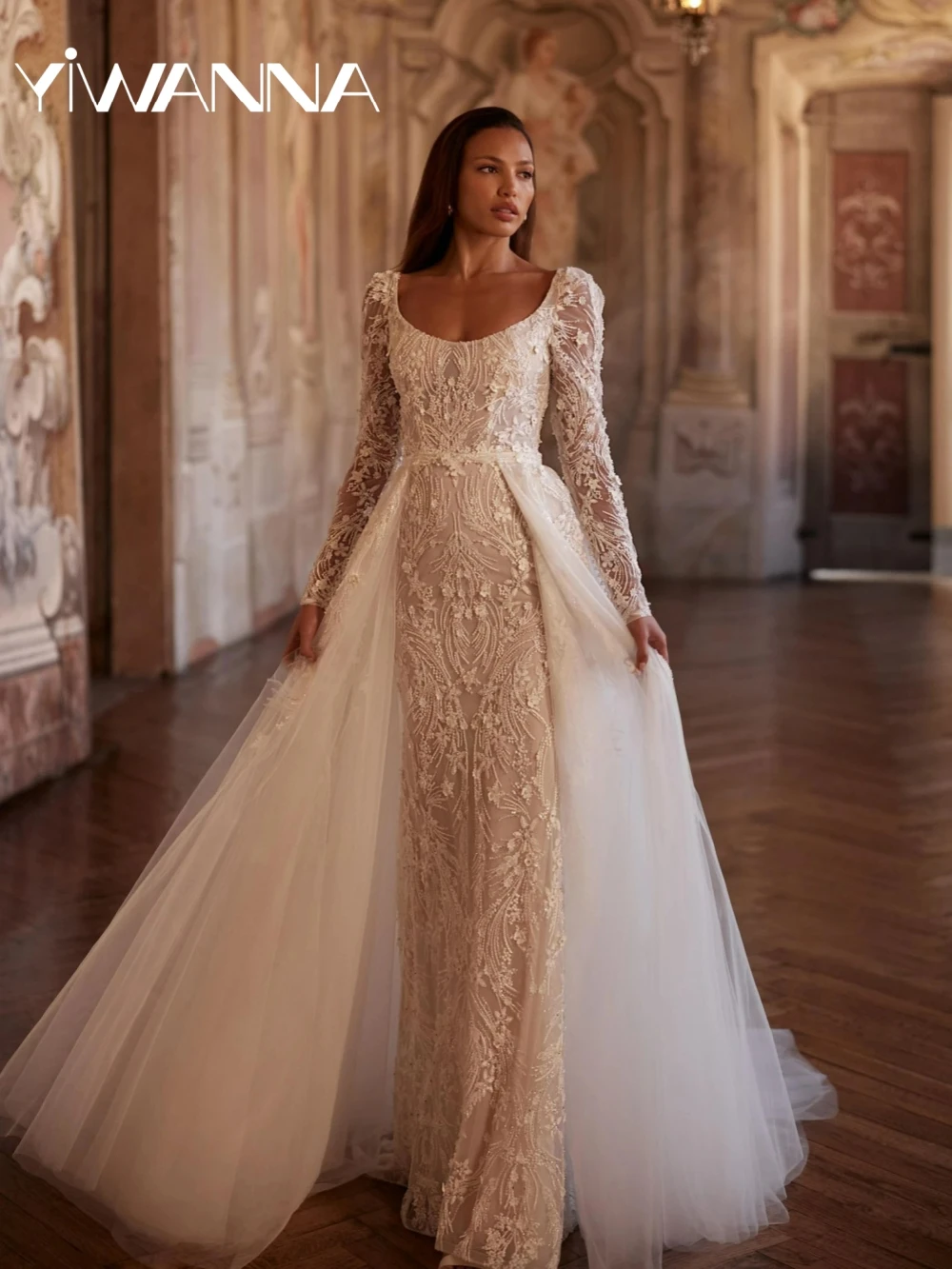 

Luxury Beaded Wedding Dress With Detachable Train Graceful Lace Appliques Bridal Gown Customized Long Sleeve Dresses For Bride