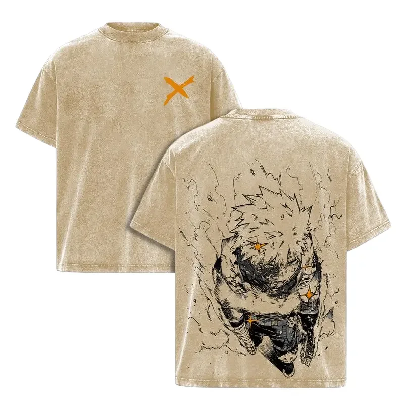 Vintage Washed My Hero Academia Bakugou Katsuki Manga T Shirt Y2k Streetwear For Men's Clothing Casual Loose Cotton Tees