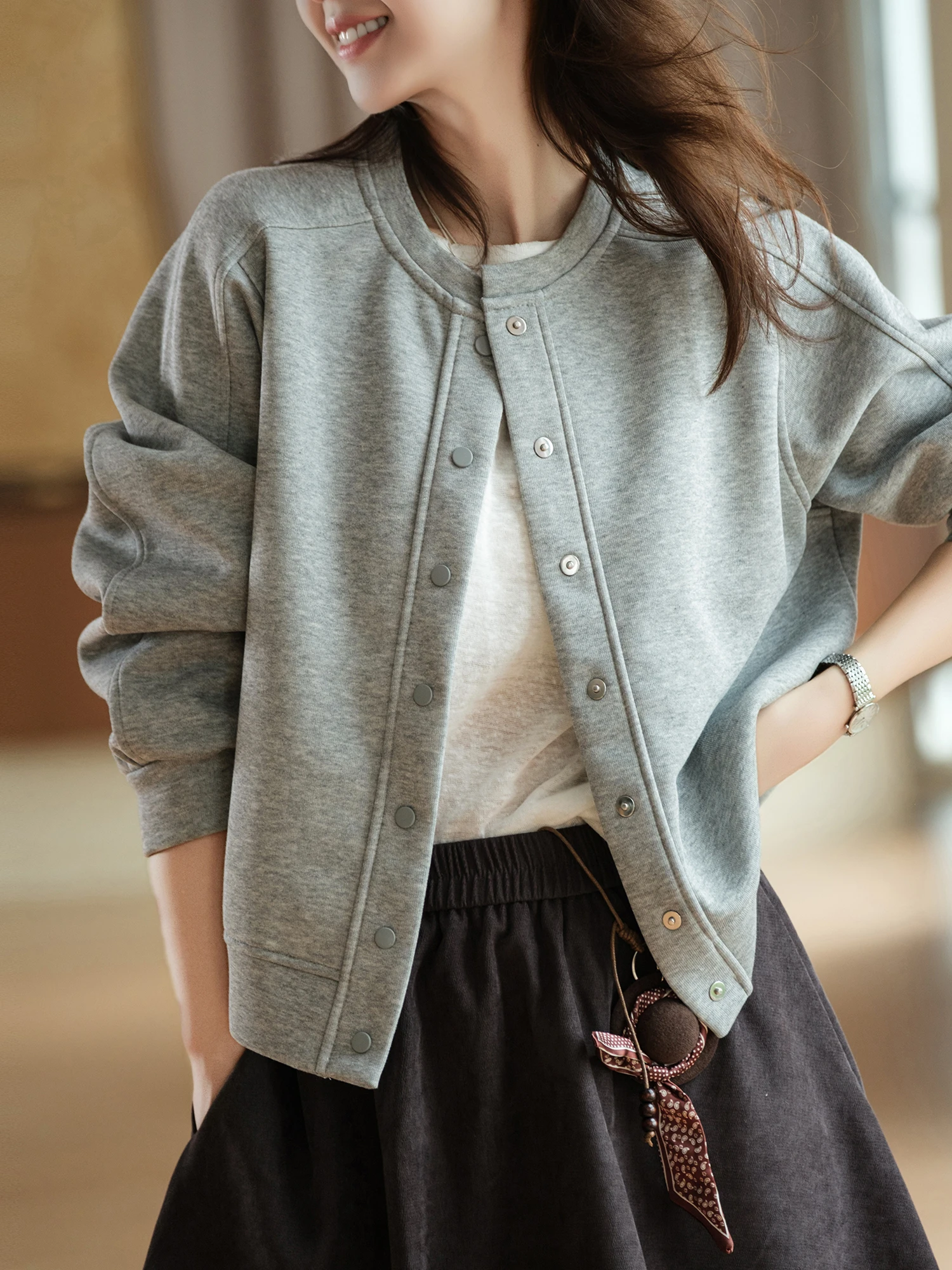 Air Layer Baseball Jacket Cotton Polyester Blend Button Front Multi-Line Split Loose Fit Casual Style Women's Short Coat